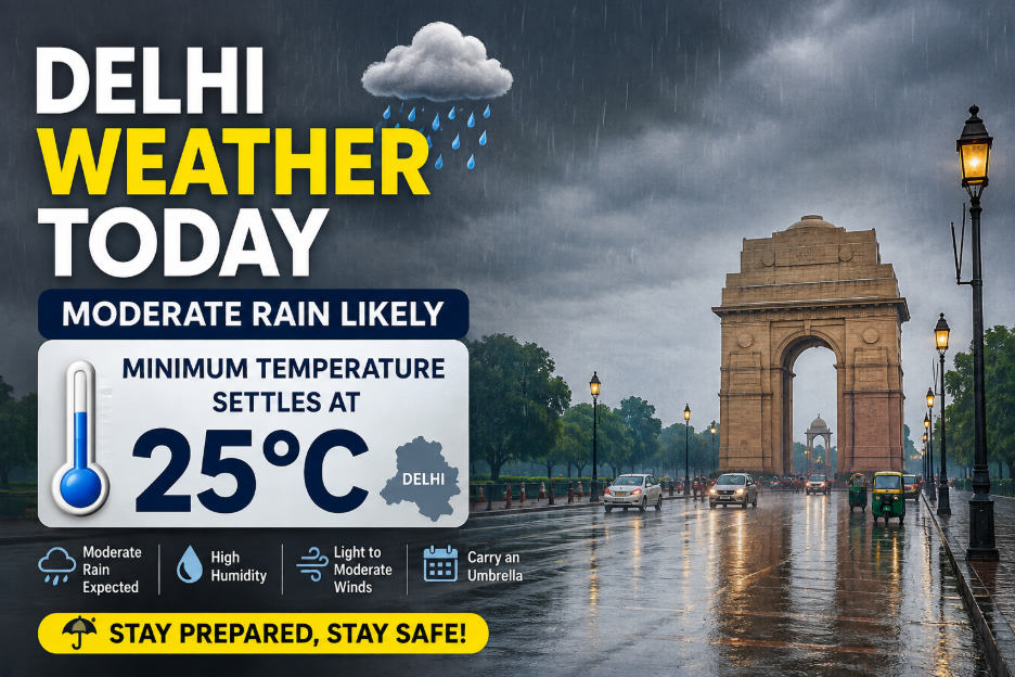 Delhi Weather Today: Moderate rain likely with minimum temperature at 25°C