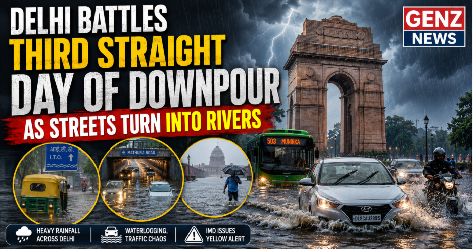 Delhi heavy rainfall causing severe waterlogging and flooded streets