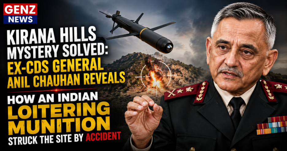 GENZ NEWS image showing Ex-CDS General Anil Chauhan and an Indian loitering munition in a report about the Kirana Hills accidental strike.