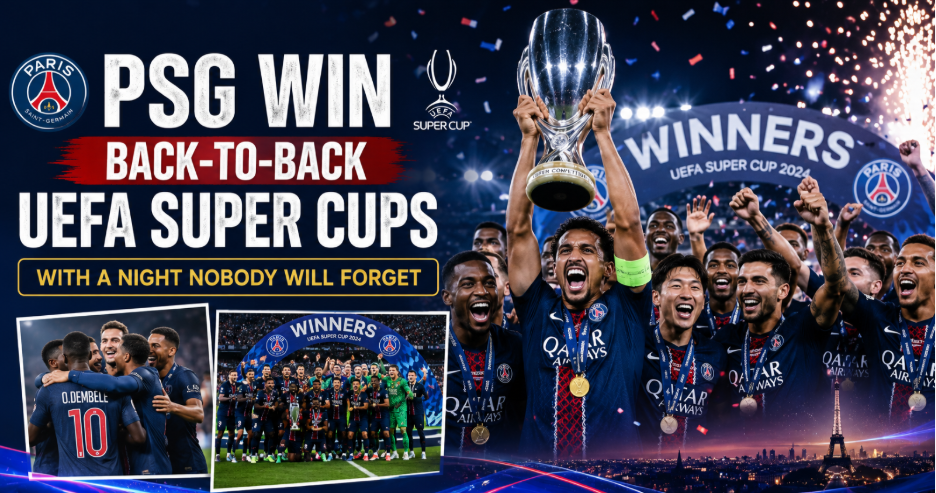 PSG players celebrate a back-to-back UEFA Super Cup victory with the trophy in a packed stadium