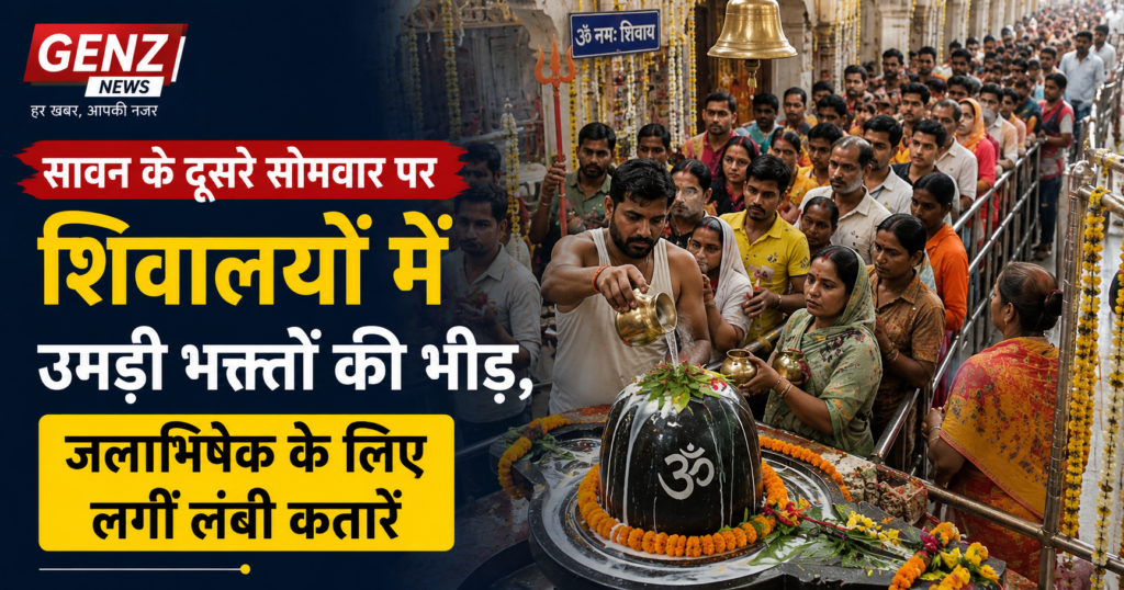 सावन के दूसरे सोमवार पर शिवालयों में उमड़ी भक्तों की भीड़, जलाभिषेक के लिए लगीं लंबी कतारें